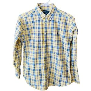 Ralph Lauren boys long sleeve plaid button down shirt L 14-16 yellow blue spring